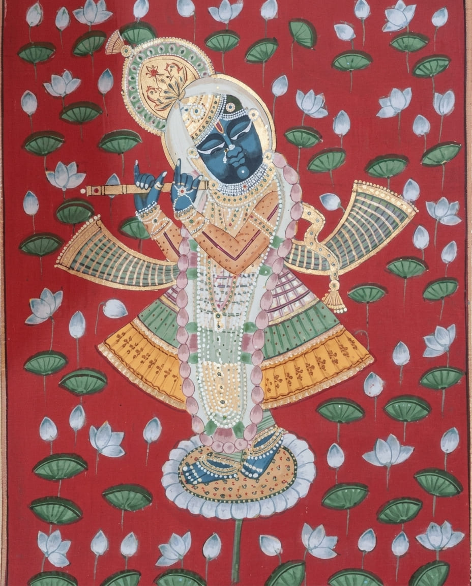 Pichwai Painting of Shrinathji with Lotus Motif on Red Background
